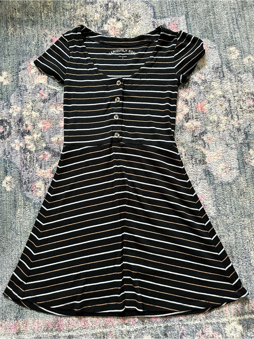 Aeropostale Seriously Soft Black Striped Button-Front Midi Dress M Trendy Cute